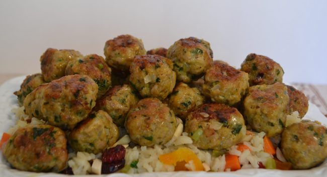Curried Chicken Meatballs with Apricot Rice Pilaf